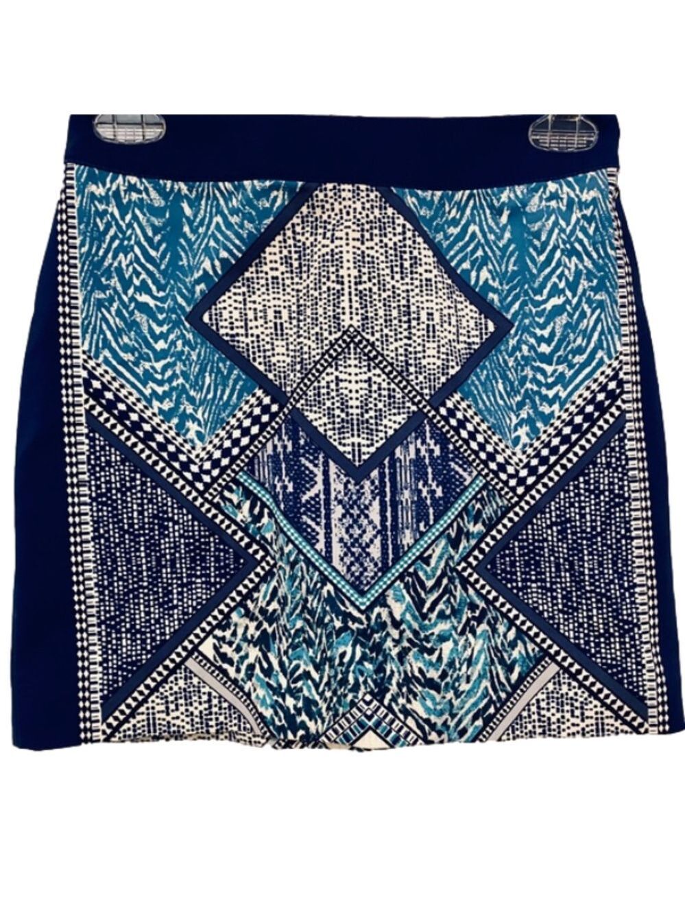 Geometric Pattern Blue Teal and Off White Mini Skirt - Picture 2 of 15
